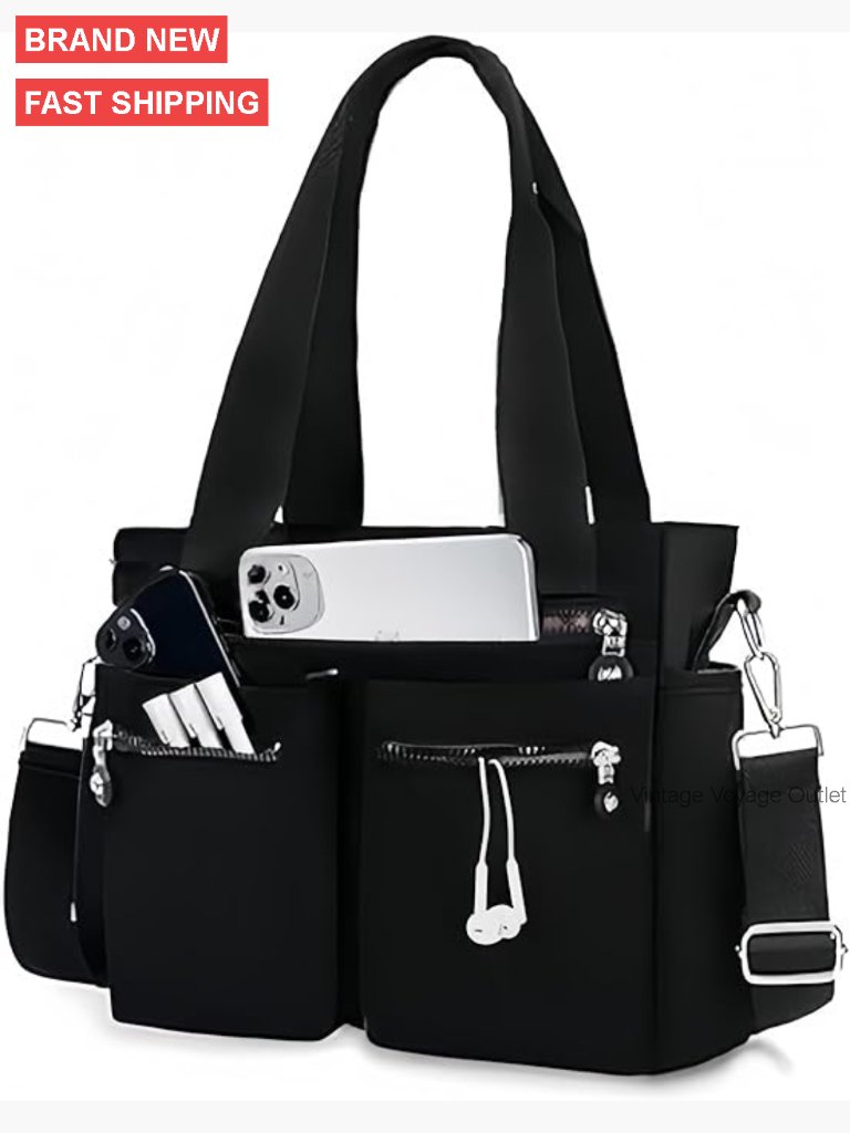 Foldable Nylon Tote Bag With 6 Pockets, Detachable Strap For Work Travel